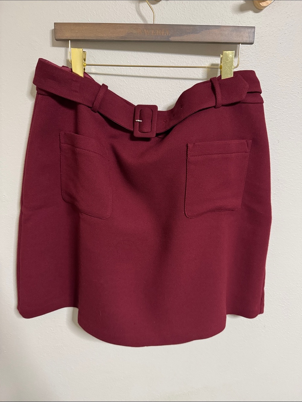 LOFT Burgundy Belted Mini Skirt with Front Pockets